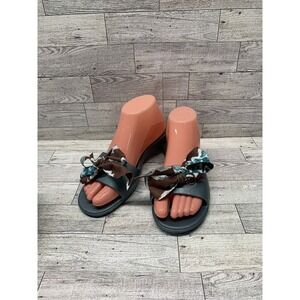 OKAb Okabashi Flip Flops Slides Sandal Women's‎ Blue Brown Bow Flats M-L (8-9)